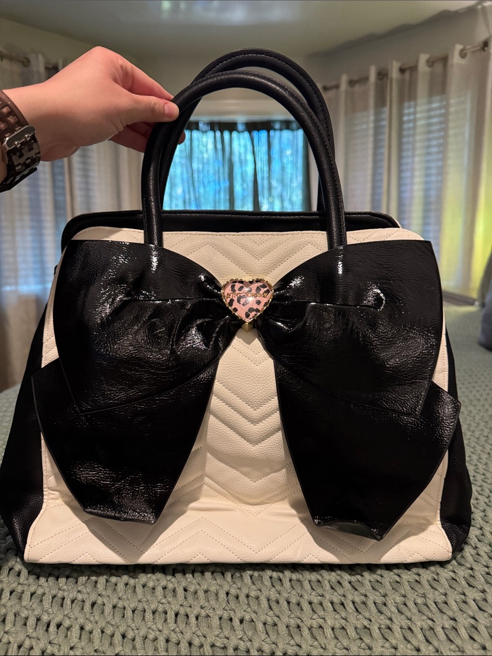 Betsey Johnson Black & White Satchel with Leopard Heart Bow